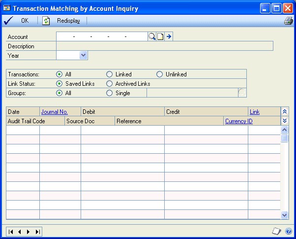 Screenshot that shows the Transaction Matching by Account Inquiry window.
