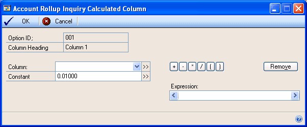 Screenshot that shows the Account Rollup Inquiry Calculated Column window