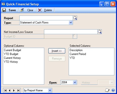 Screenshot that shows the Quick Financial Setup window.