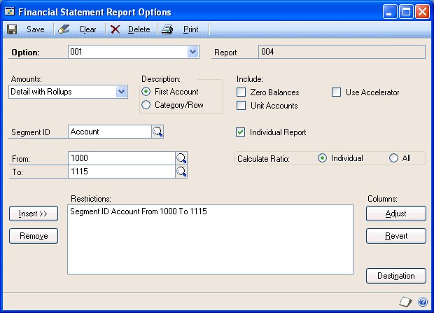 Screenshot that shows the Financial Statement Report Options window