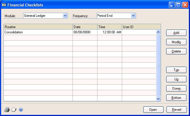 Screenshot that shows the Financial Checklists window.