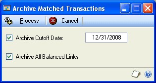 Screenshot that shows the Archive Matched Transactions window.