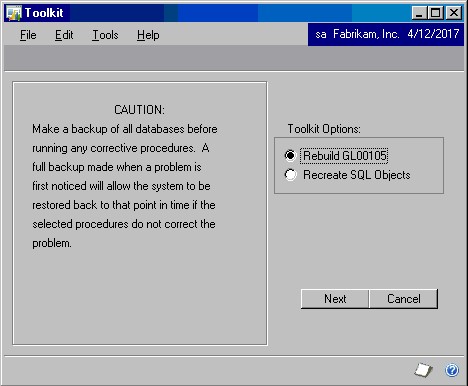 select Rebuild GL00105 in the Toolkit Options group