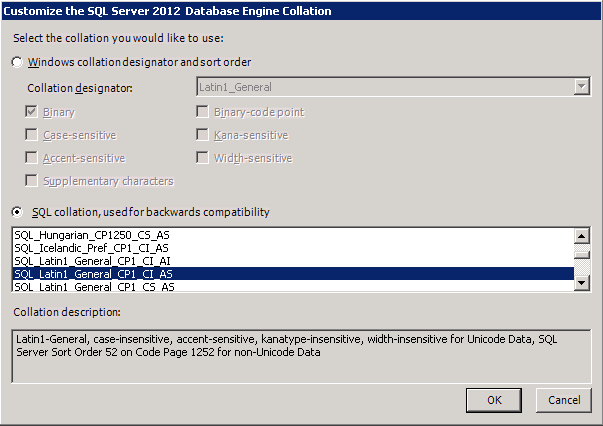SQL Server collation screenshot of configuration of sql server database collation window with sql collation selected