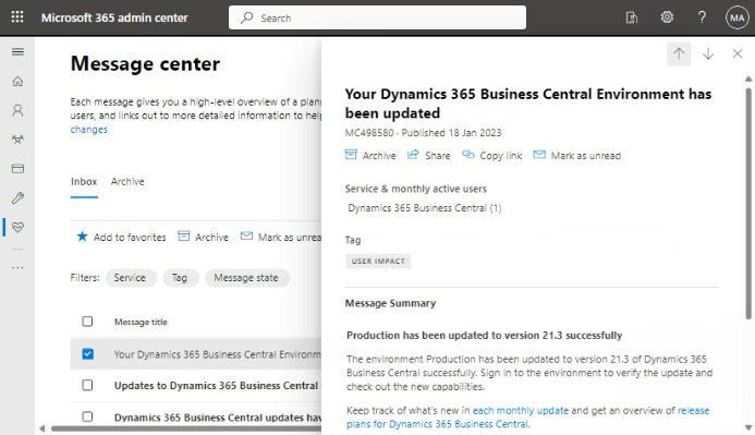 Business Central message in Microsoft 365 admin center
