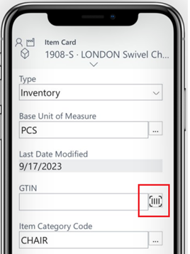 Shows the barcode scanning button on an item card