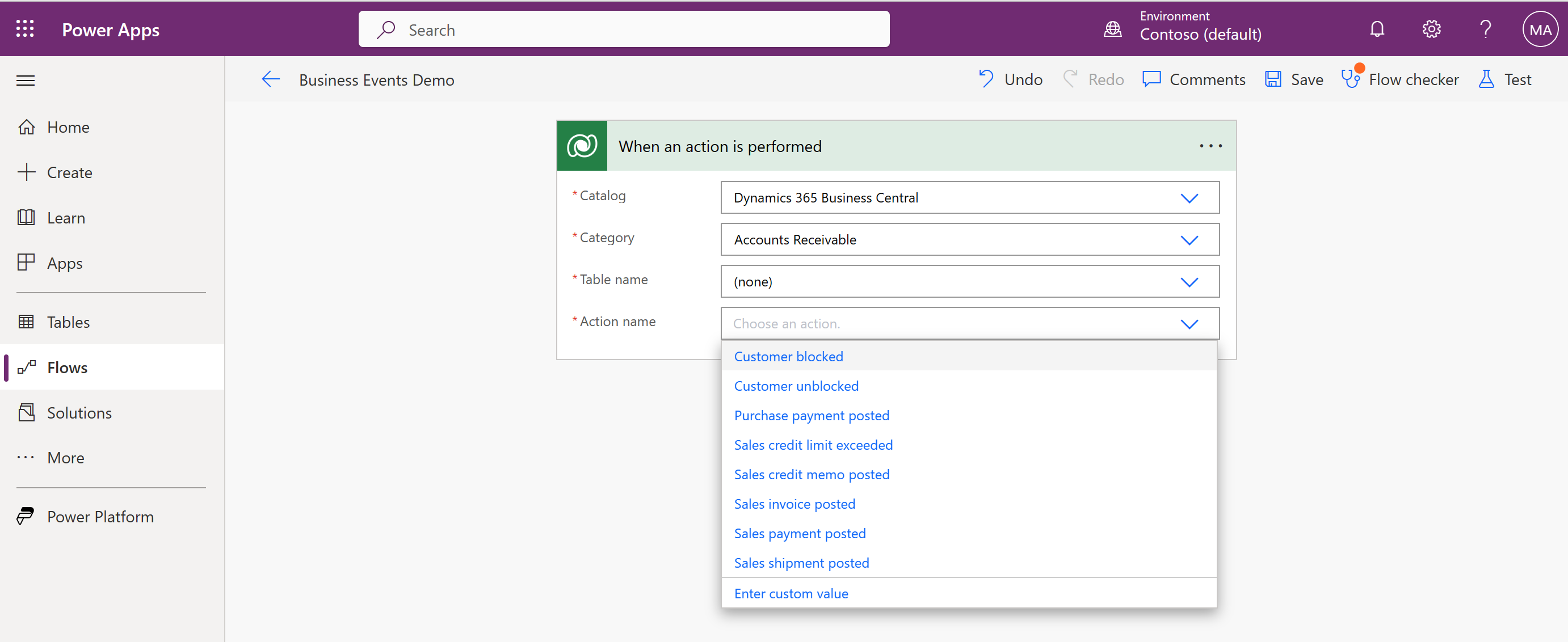Shows the "when an action is performed" step in a Power Automate flow