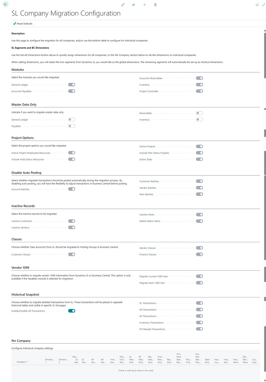 Shows SL company migration configuration page