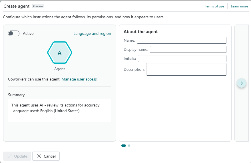 Agenter i Business Central: Er det prototype eller produktion? Agent designer-wizardens setup-step i Business Central — navn, display name og initialer