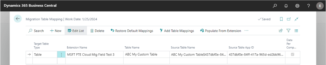 Shows the table mapping move for a AL table