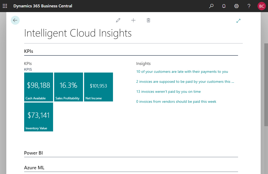 Shows the Intelligent Cloud Insights page in Business Central online Intelligent cloud insights.