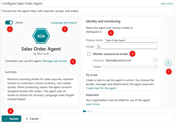 Shows the Sales Order Agent configuration page Shows the Sales Order Agent configuration page