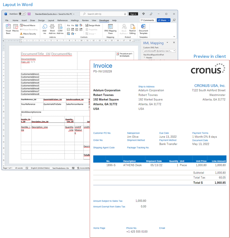Example of a Word layout document for Business Central.