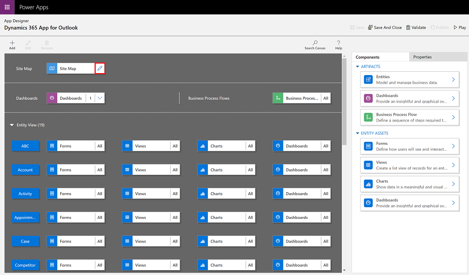 Edit Dynamics 365 App for Outlook sitemap designer.