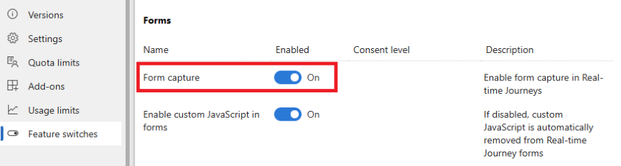 Enable form capture in feature switches.