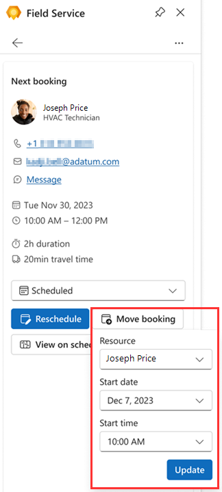 Screenshot of the Field Service pane in Outlook, with the Move booking item highlighted