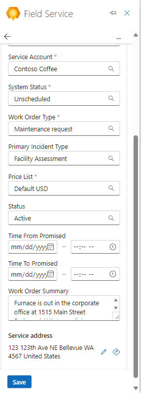 Screenshot of Field Service Outlook work order details