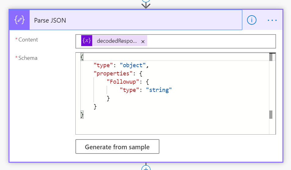 Screenshot of the Parse JSON section of the Power Automate flow, showing the schema field populated with the previous snippet.