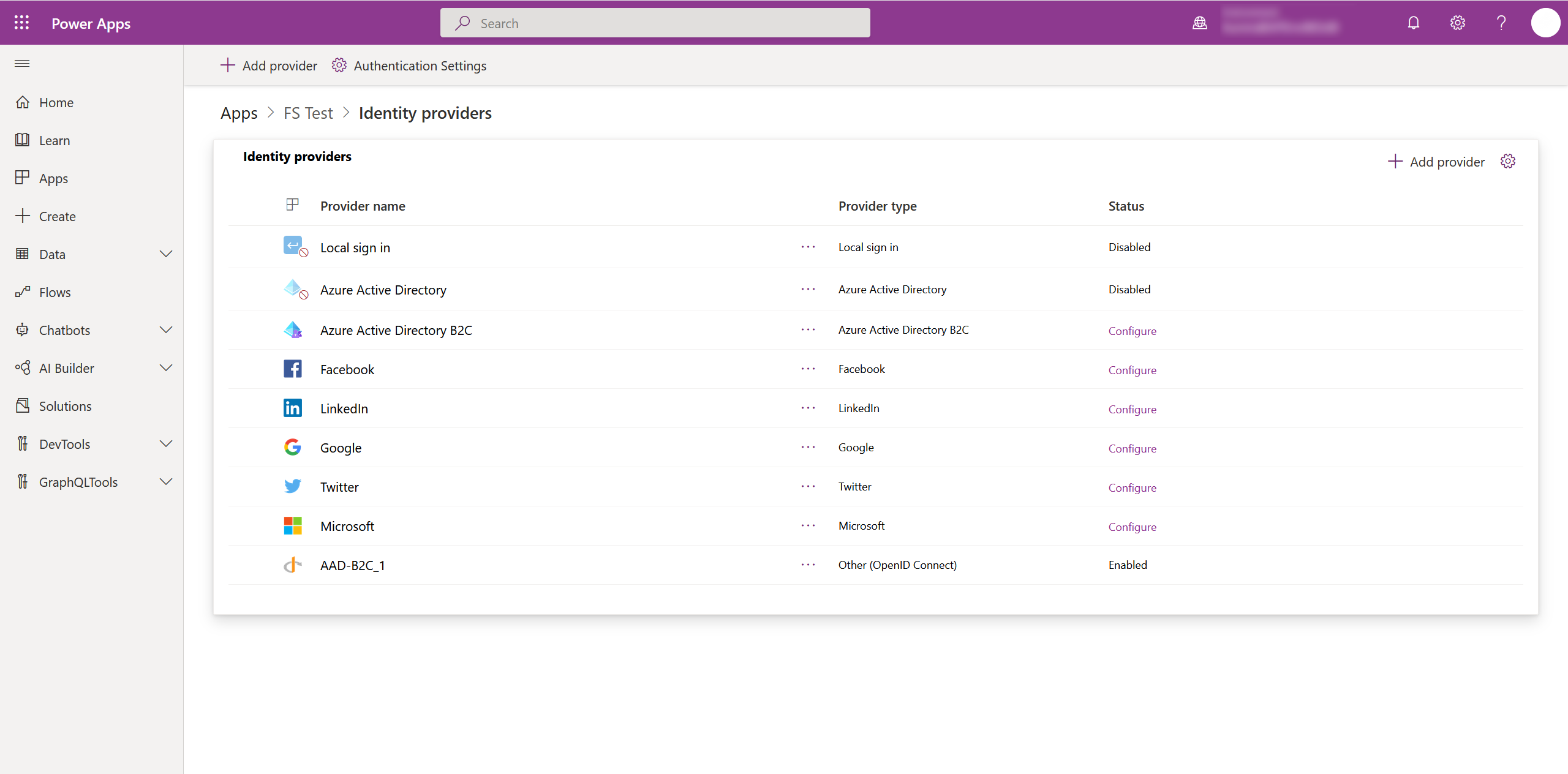 List of identity providers in Power Apps.