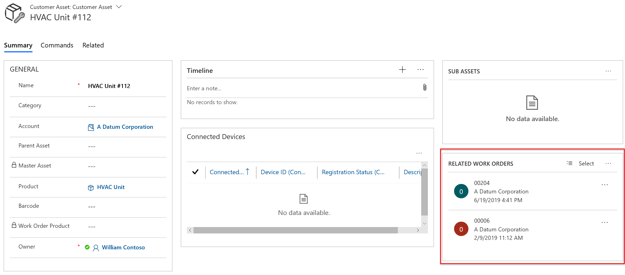 Screenshot of the customer asset entity with related work orders highlighted.