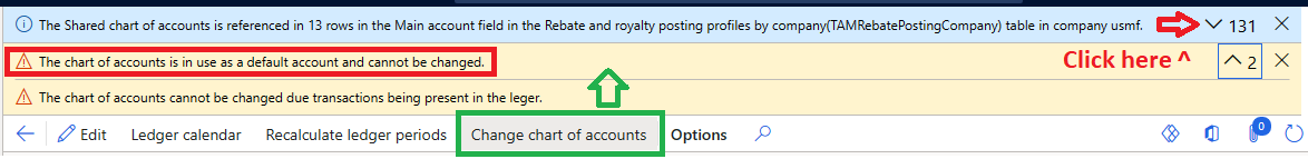 Summary of error message showing the chart of accounts is in use.