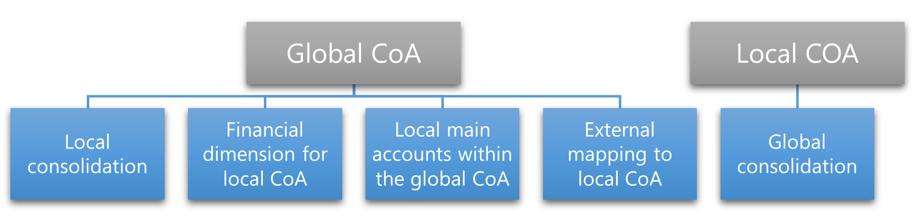 Diagram showing how the organization structure determines whether to use a global or local chart of accounts