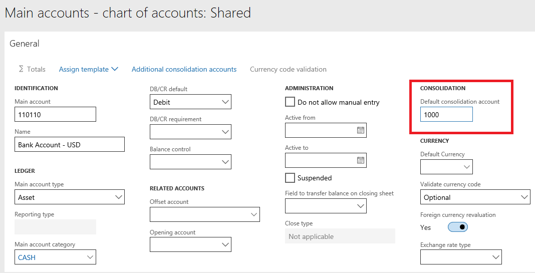 Default consolidation account specified on the Main accounts page Default consolidation account specified on the Main accounts page.