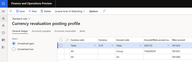 General ledger example on the Currency revaluation posting profile page.