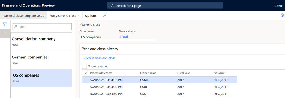 Records created on the Year-end close history FastTab of the Year-end close page