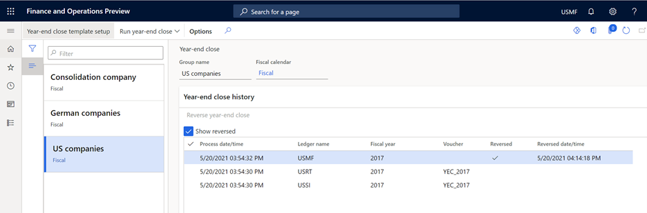 Using the Show reversed checkbox to see records for reversed year-end close processes on the Year-end close page