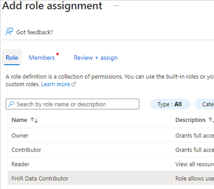 A screenshot showing the selection of the FHIR data contributor role.