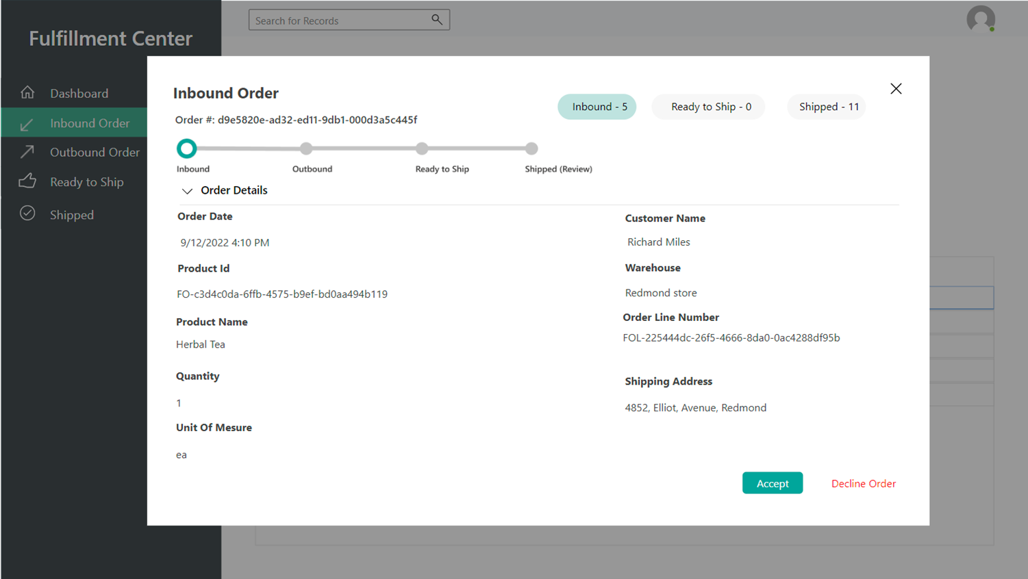 Inbound Order page in the demo fulfillment app.