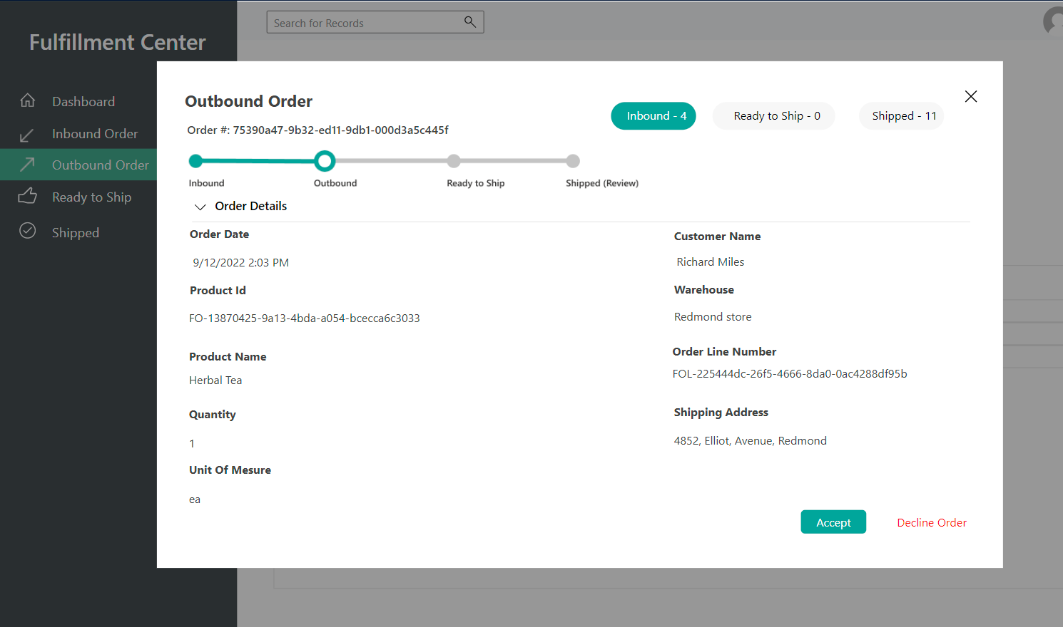 Outbound Order page in the demo fulfillment app.