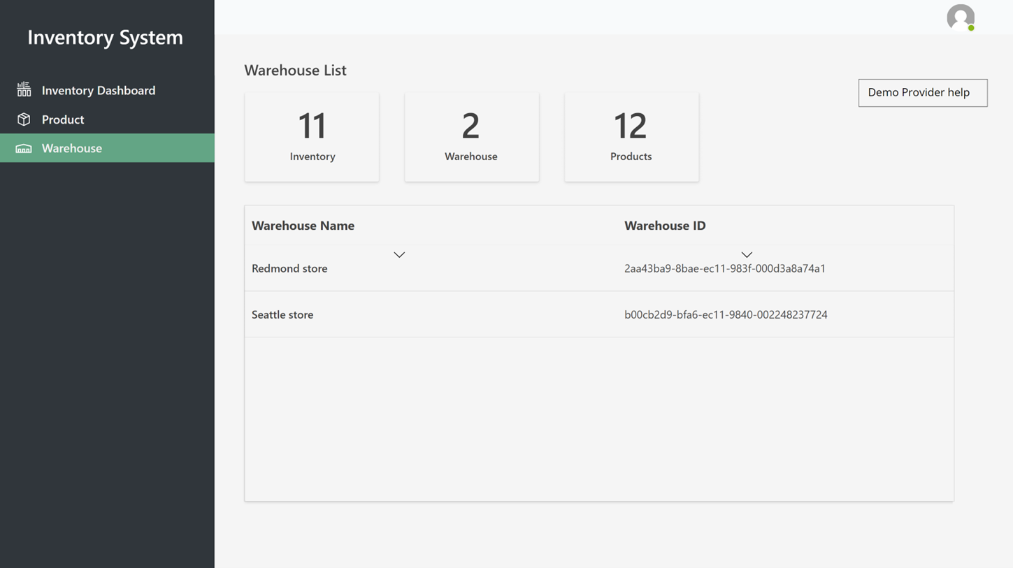 Warehouses page in the demo inventory app.
