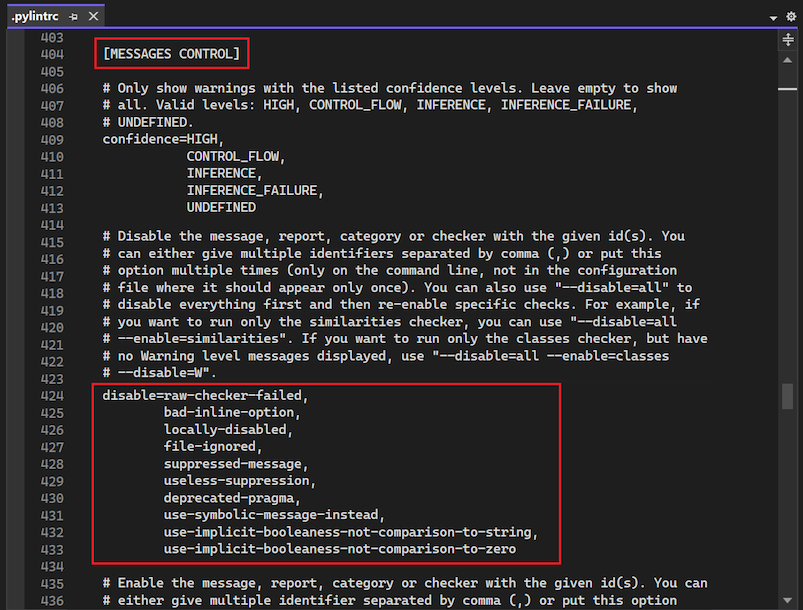 Captura de pantalla donde se ve la configuración de deshabilitación en la sección CONTROL DE MENSAJES del archivo .pylintrc en Visual Studio.