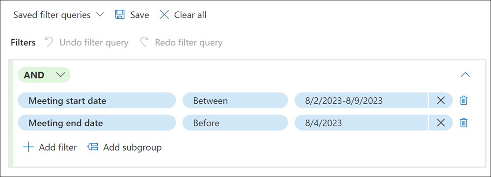 Example of advanced filtering by Teams meeting dates.