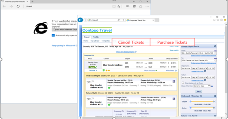 Screenshot of the Contoso Travel page opened in Internet Explorer 11.