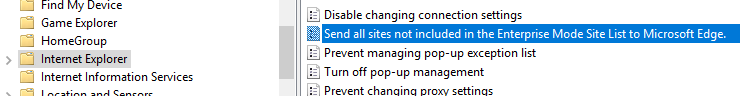 Screenshot of the Send all sites not included in the Enterprise Mode Site List to Microsoft Edge policy in Internet Explorer folder.
