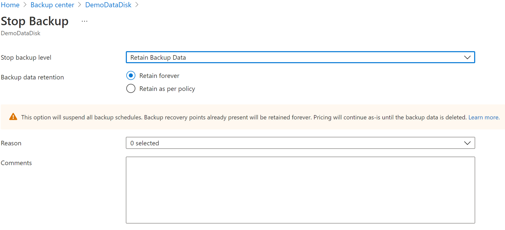 Screenshot showing the options to stop backup instance protection.