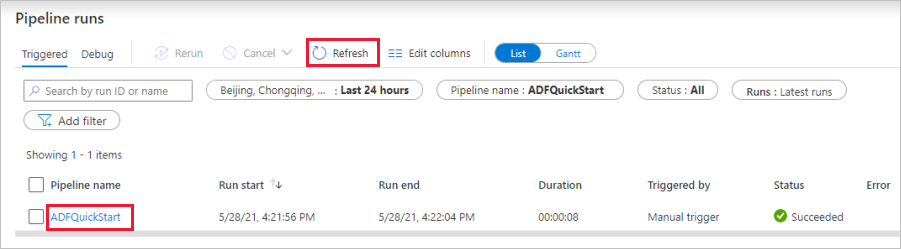 Screenshot that shows the button for refreshing the list of pipelines.