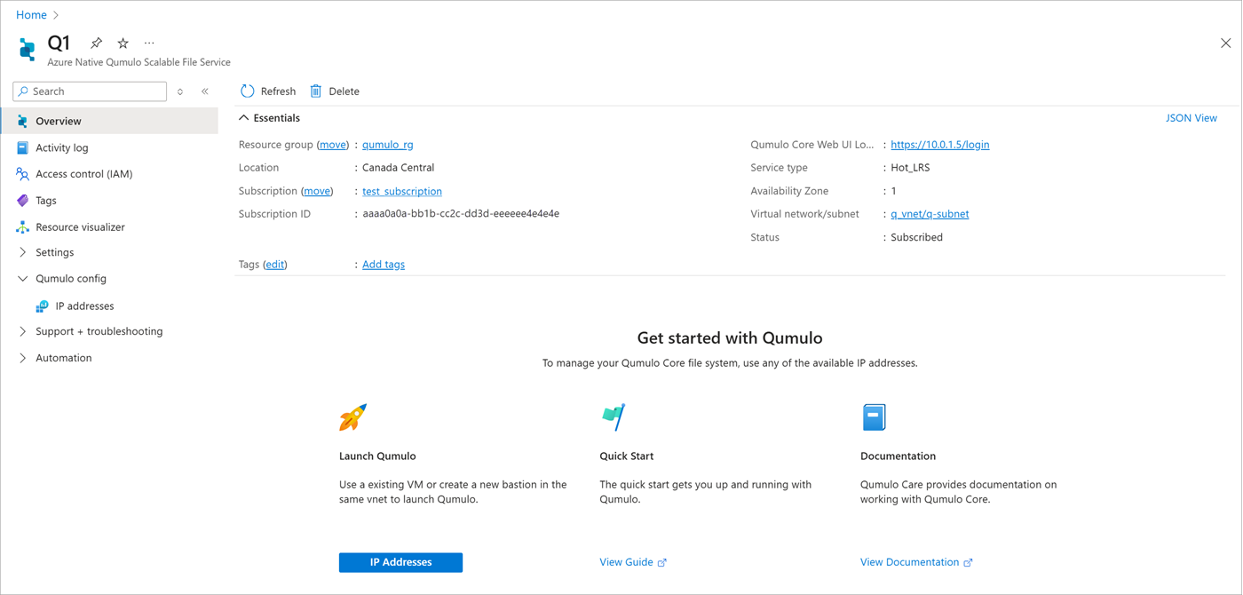 A screenshot of a Qumulo resource in the Azure portal with the overview displayed in the working pane.