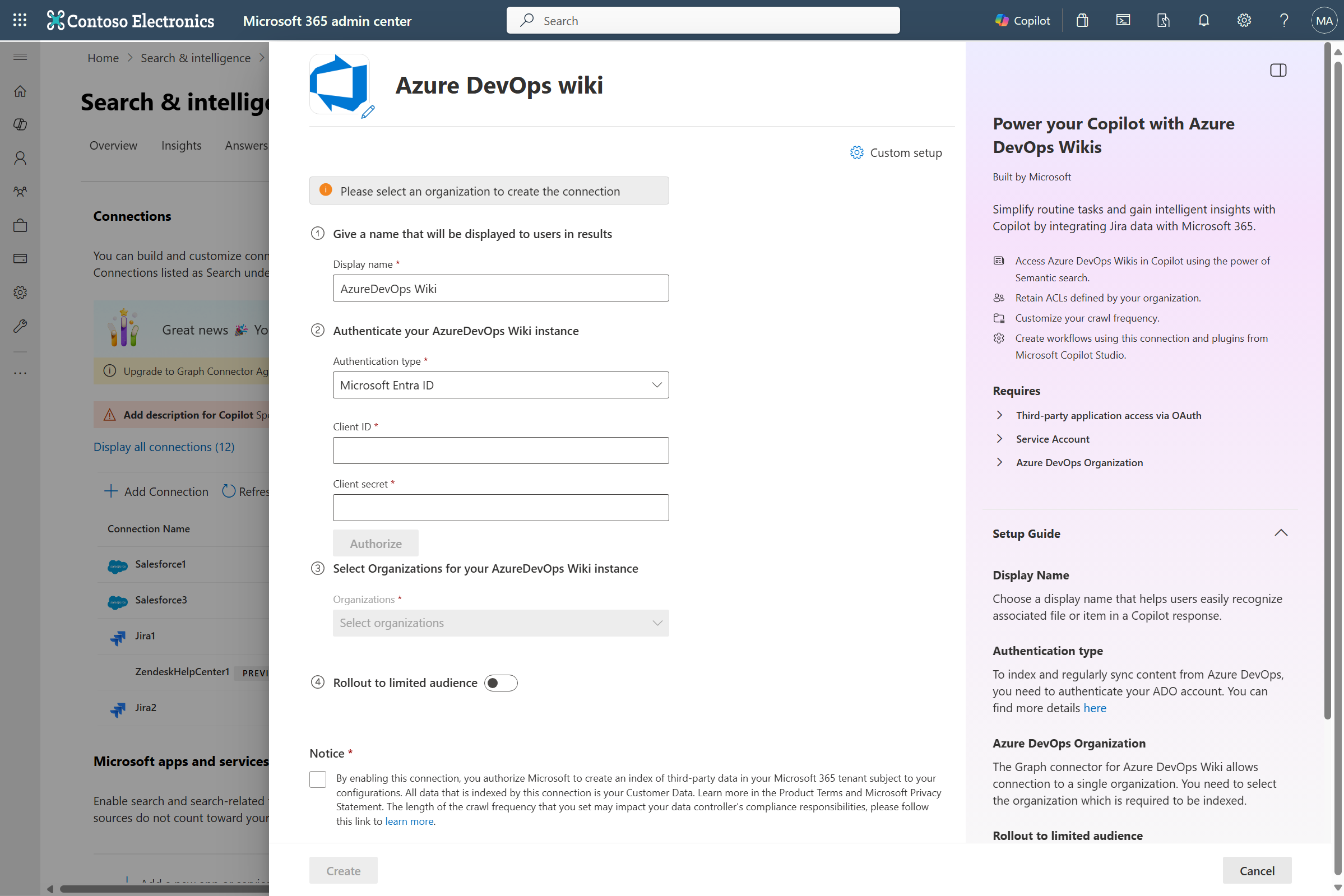 Screenshot that shows connection creation screen for the Azure DevOps Wiki Copilot connector.