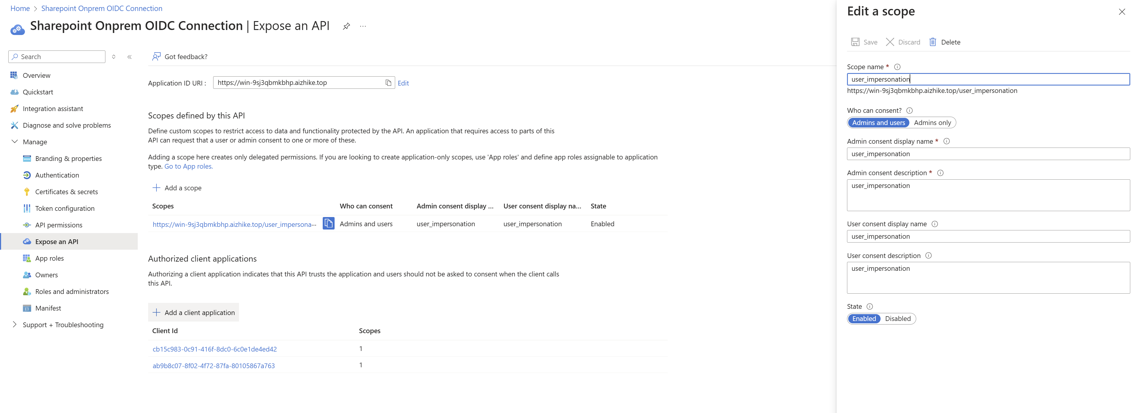 Screenshot that shows expose an api configuration.