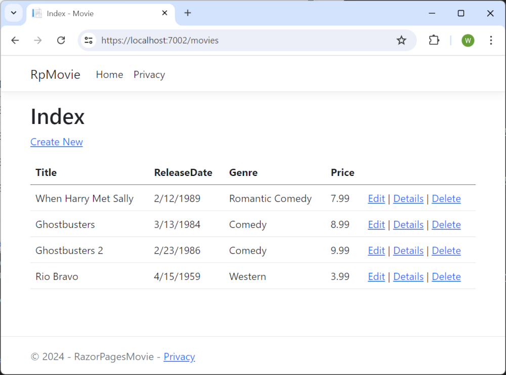 Movie application open in browser showing movie data