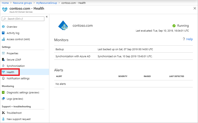 Health page overview in the Azure portal showing the Azure Active Directory Domain Services status