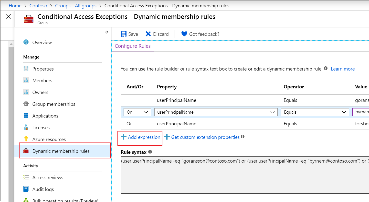 Screenshot that shows the "Dynamic membership rules" page with the "Add expression" action on the "Configure rules" tab selected.