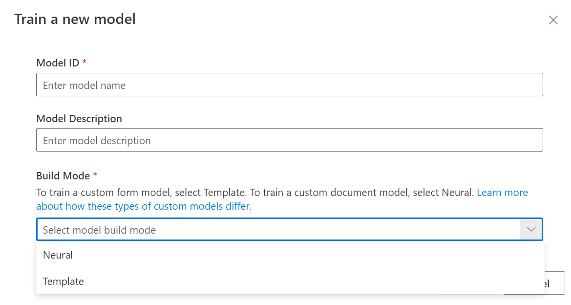 Screenshot of Train model dialog.