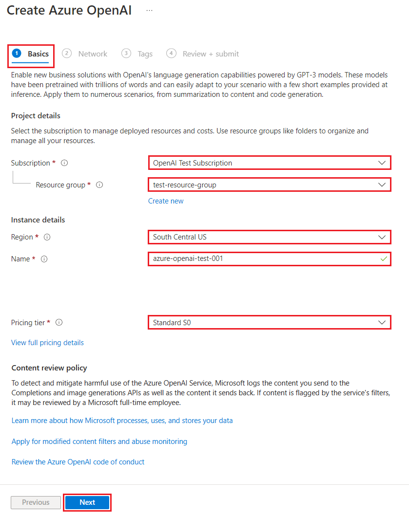 Screenshot that shows how to configure an Azure OpenAI resource in the Azure portal.