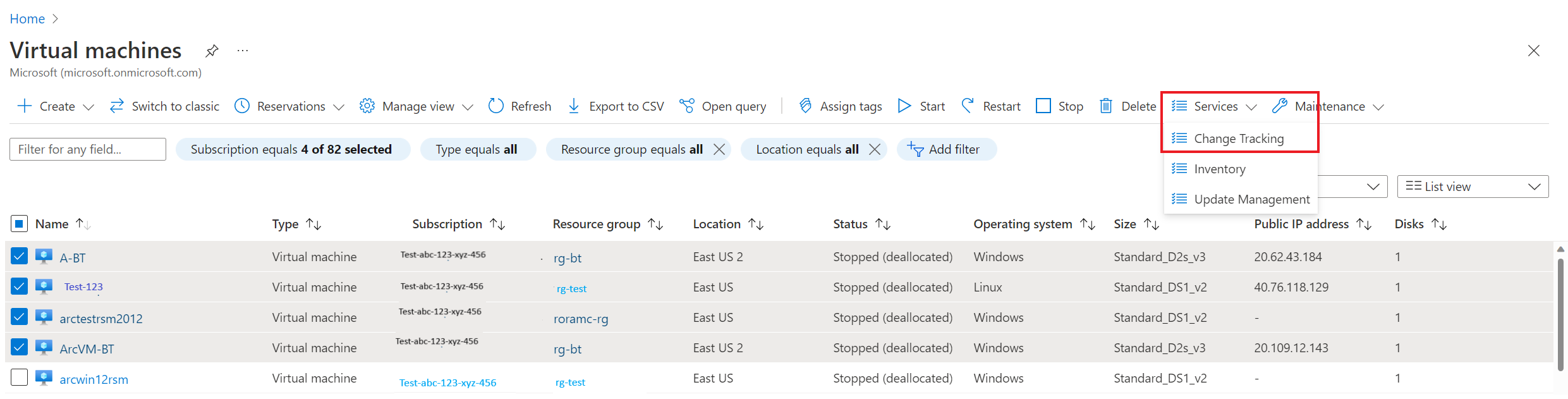 Screenshot showing how to select multiple virtual machines from the portal.