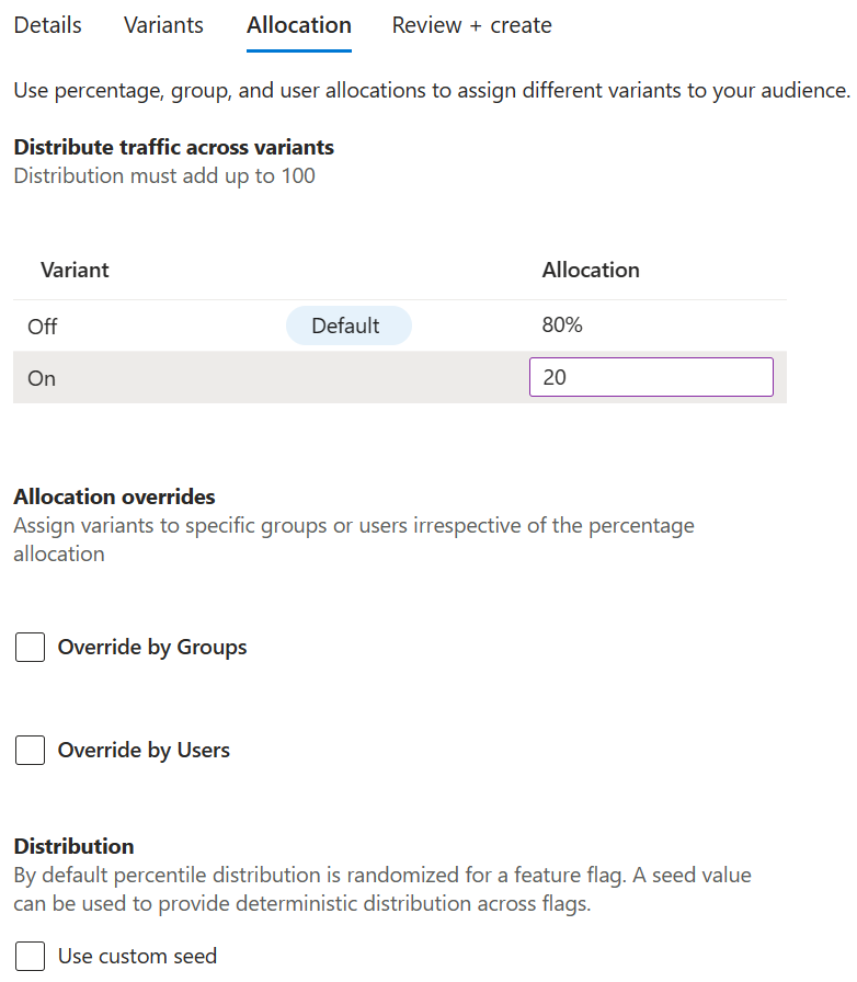 Screenshot of the Azure platform showing variant feature flag traffic allocation.